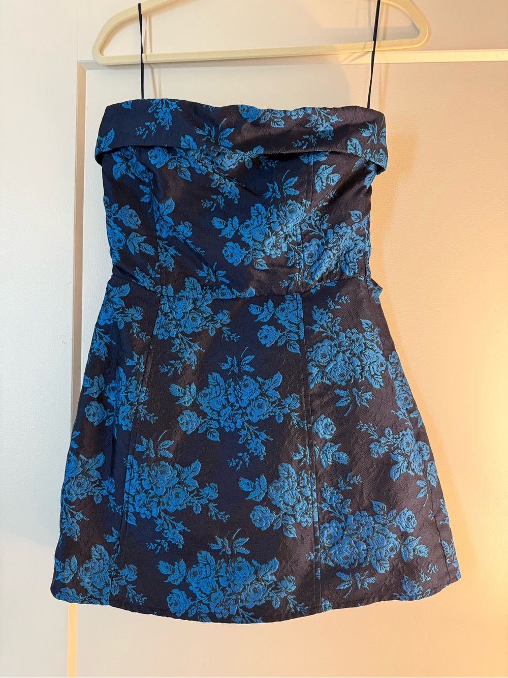 Strapless Black Dress with Blue Floral Jacquard